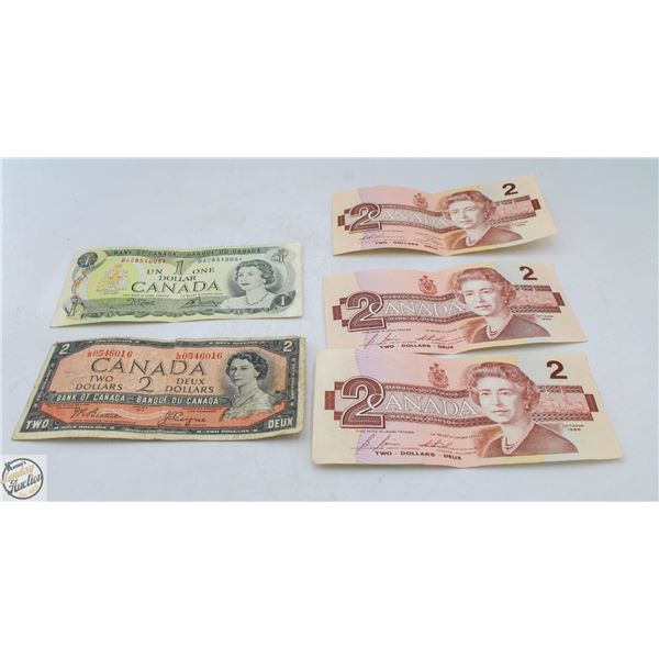 3 CANADIAN 1986 $2 BILLS + 1 CANADIAN 1954 $1 BILL