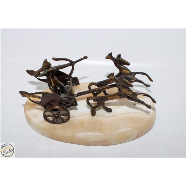 BRASS EGYPTIAN CHARIOTS FIGURE ON MARBLE BASE