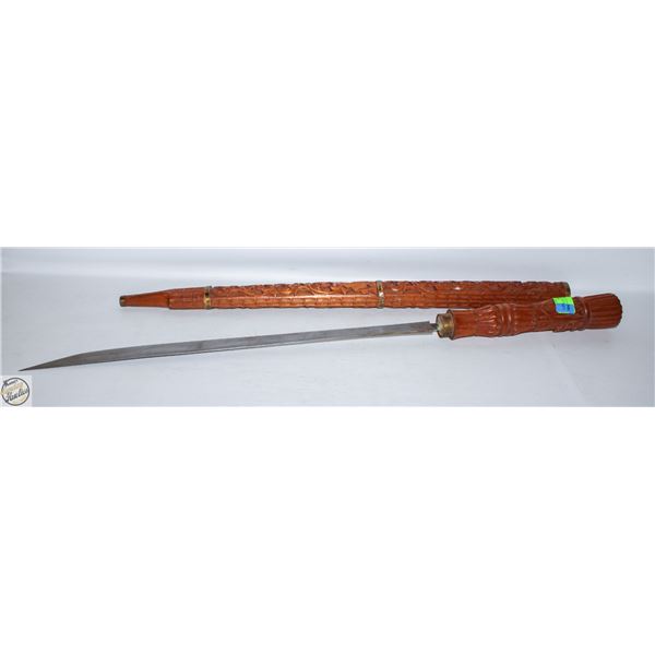 WOOD HANDLED CARVED SWORD WITH CARVED SHEATH