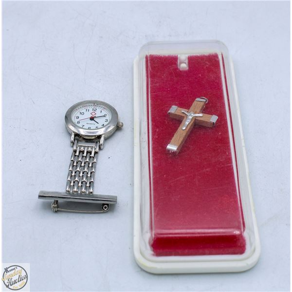 ESTATE CROSS PENDANT + BROOCH WATCH