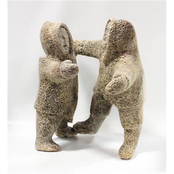 VINTAGE INUIT WHALE BONE CARVING HUGGING FRIENDS