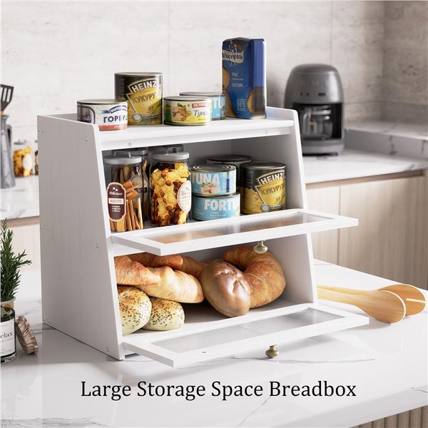 BRAND NEW BAMBOO LARGER TWO-LAYER BREAD BOX WHITE