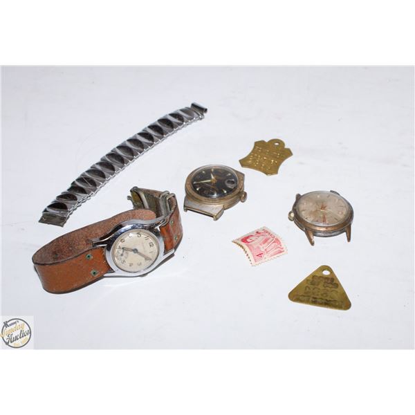 LOT OF ANTIQUE WRIST WATCHES & DOG TAGS AS IS