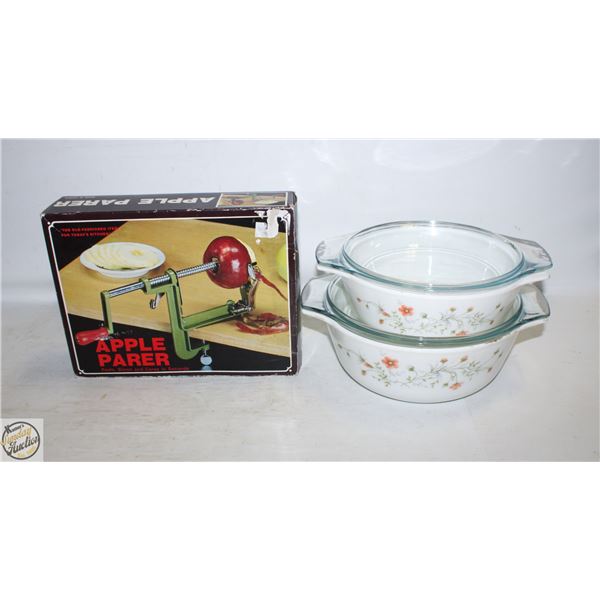 2 VINTAGE PYREX ENGLAND COVERED CASSEROLES &