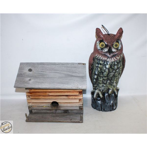 WOOD BIRD HOUSE AND HANGING OWL