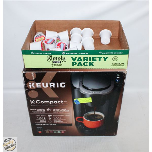 KUERIG K- COMPACT COFFEE MAKER + TIM HORTINS CUPS