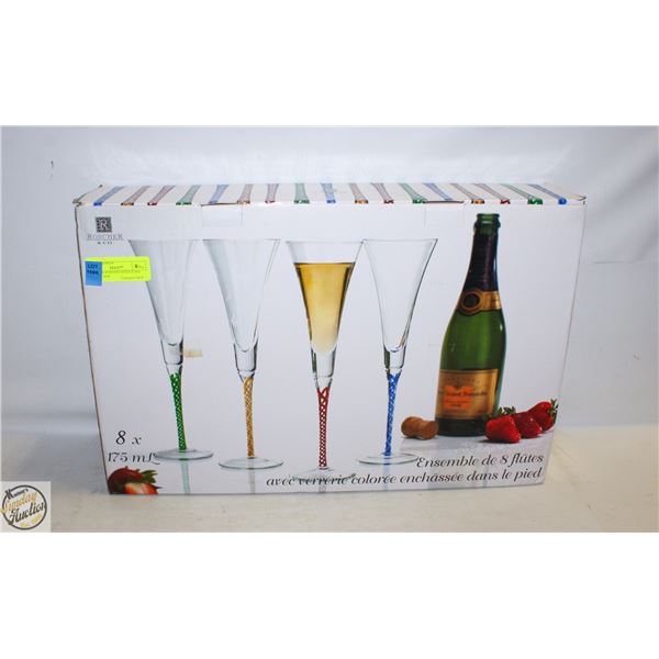 8 FLUTES WITH ENCASED GLASS STEMS - NEW