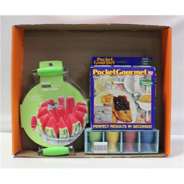 NEW LOT -EGG CUPS,+PRO FRUIT SLICER,+POCKET