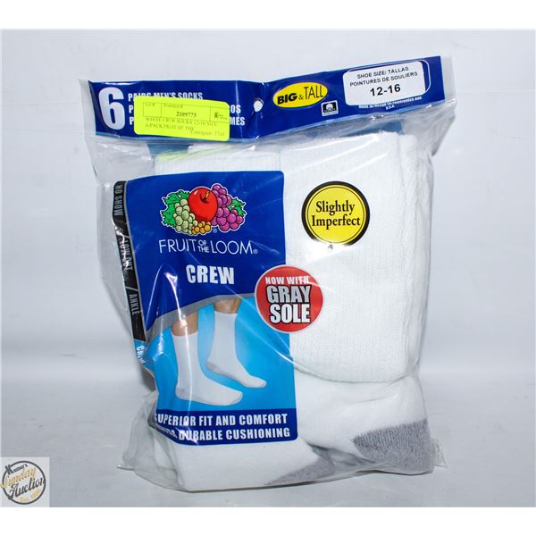 WHITE CREW SOCKS 12-16 SIZE 6-PACK FRUIT OF THE