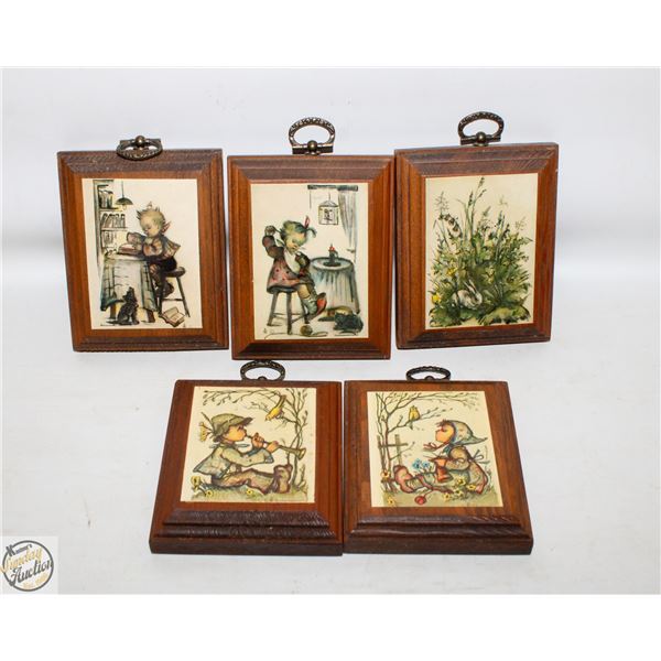 5 VINTAGE HUMMEL MINO PRINTS WOOD FRAMED
