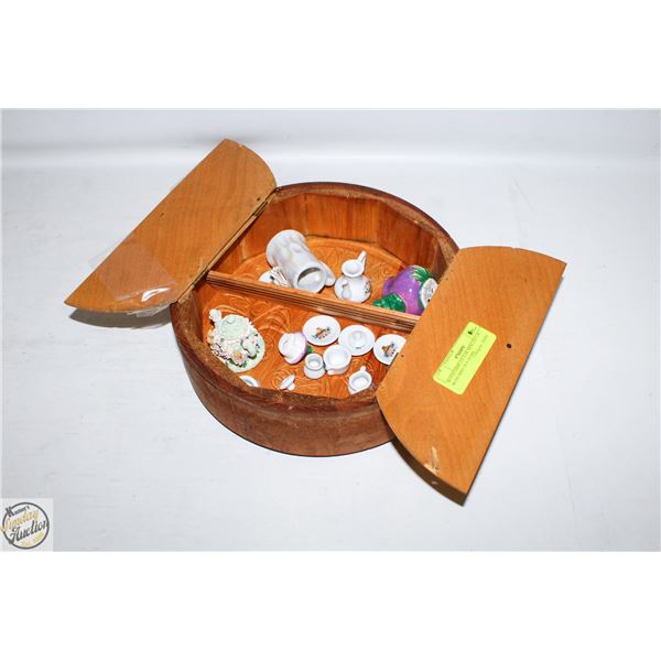 WOOD DISPLAY FOR MINI DECOR WITH MINI TEA ITEMS