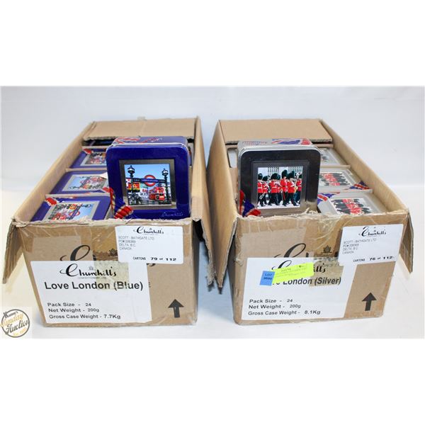 2 CASES OF COOKIE OF CANDY TINS LOVE LONDON DESIGN