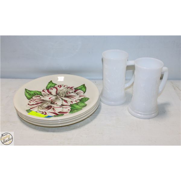 PAIR OF NATCHING MILK GLASS MUGS + 4