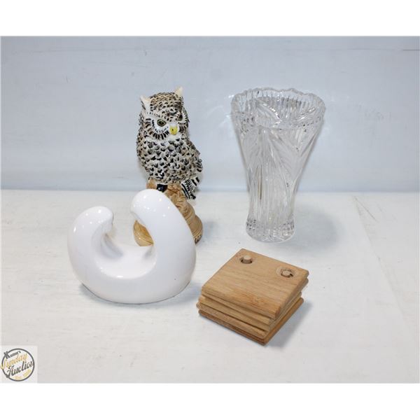 CRYSTAL VASE + WOODEN COASTERS + CERAMIC