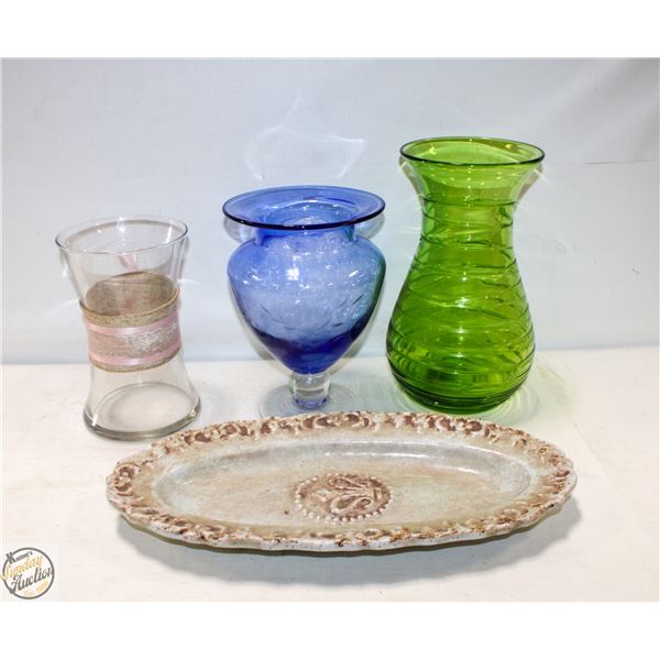 3 VASES ASSORTED + SERVING PLATTER