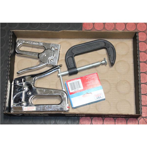 2 STAPLEGUNS WITH STAPLES AND C CLAMP