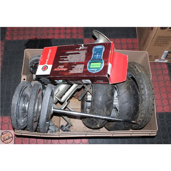 MISC CRATE INCLUDES TUNER, SCOOTER WHEELS, 3 SETS-