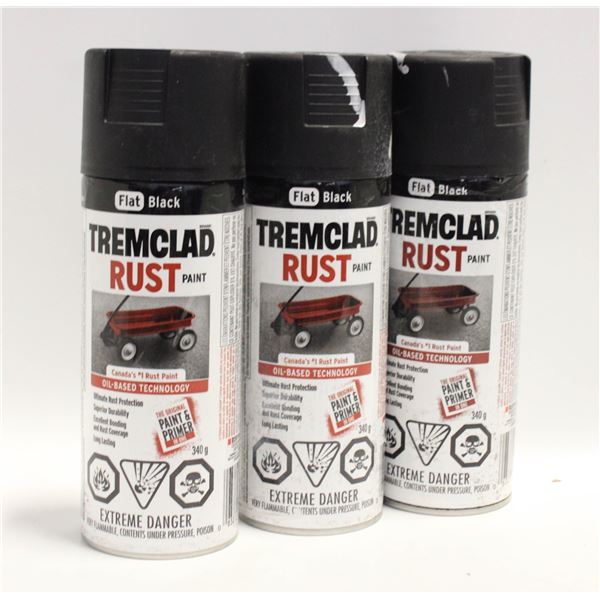 LOT OF 3 FLAT BLACK TREMCLAD SPRAY PAINT