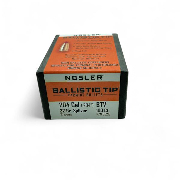 Nosler Ballistic Tip Varmint 204 Cal .204" 32 Grain Spitzer Projectiles, 100 Qty