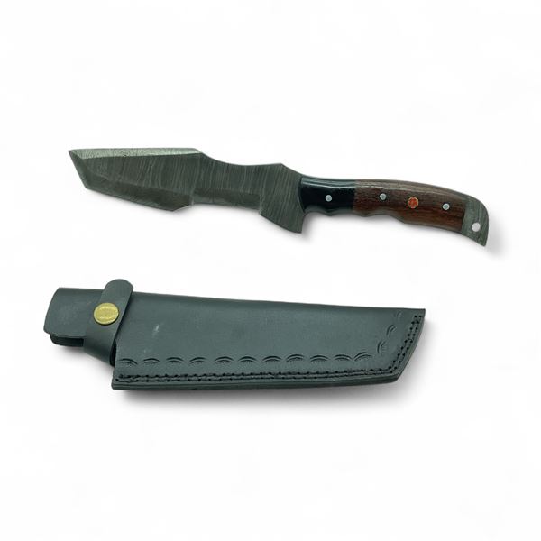Fixed 6 1/2" Damascus Blade Knife with Leather Belt Sheath