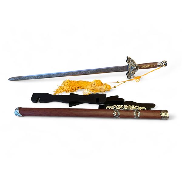 Ornamental Sword with Dragon Face and Yellow Tassels with a Scabbard and Display Rack