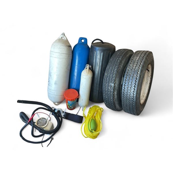 Boating Lot.. Includes Bilge Pump, Fenders, Rope, Safety Kit, Boat Winch Strap and Tires