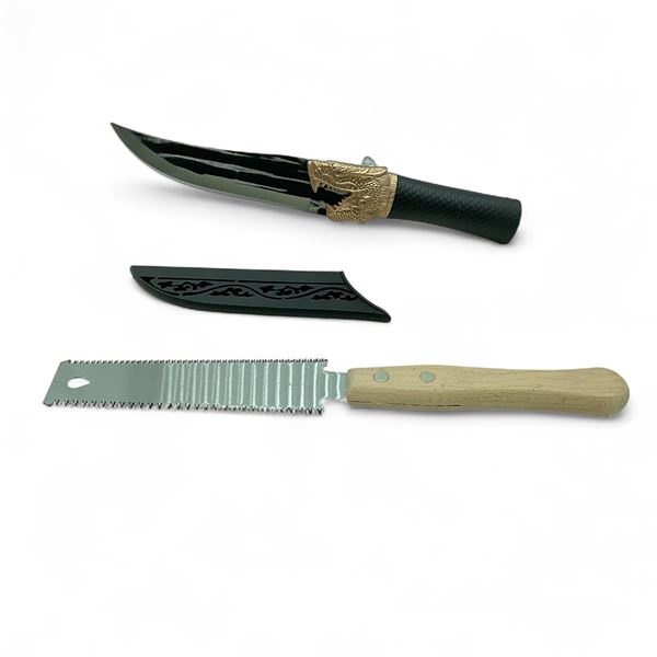 Fixed 5" Blade Knife with Dragon Head on Handle and Double Sided 6" Saw Blade Knife with Wood Handle