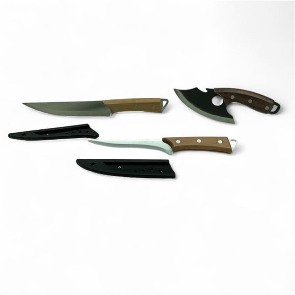 Fixed 5" Knife with Wood Handle and Set of Fixed Kitchen Knives with Wood Handles and Sheaths, New