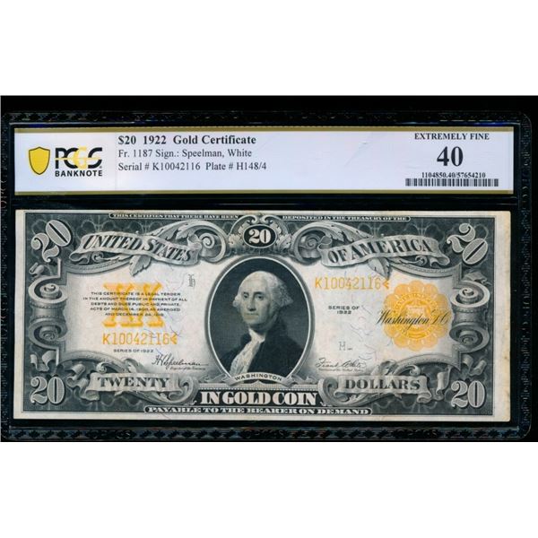 1922 $20 Gold Certificate PCGS 40