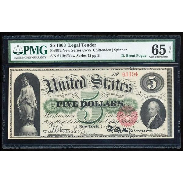 1863 $5 Legal Tender Note PMG 65EPQ