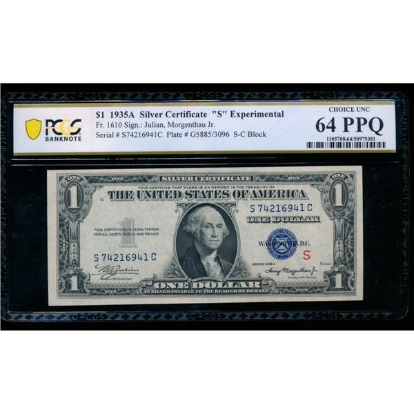 1935A $1 Experimental S Silver Certificate PCGS 64PPQ