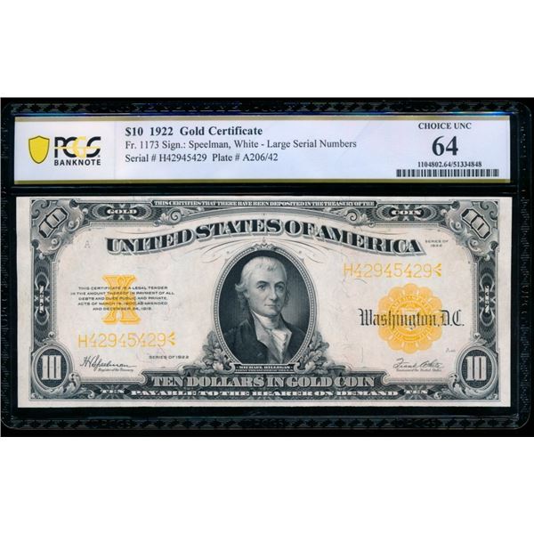 1922 $10 Gold Certificate PCGS 64