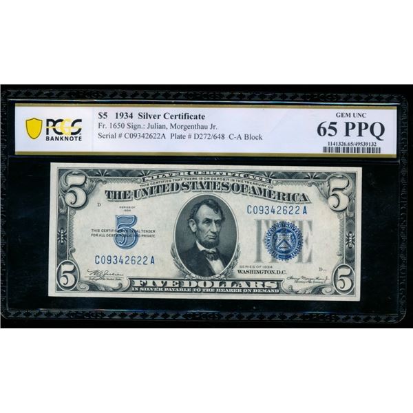 1934 $5 Silver Certificate PCGS 65PPQ