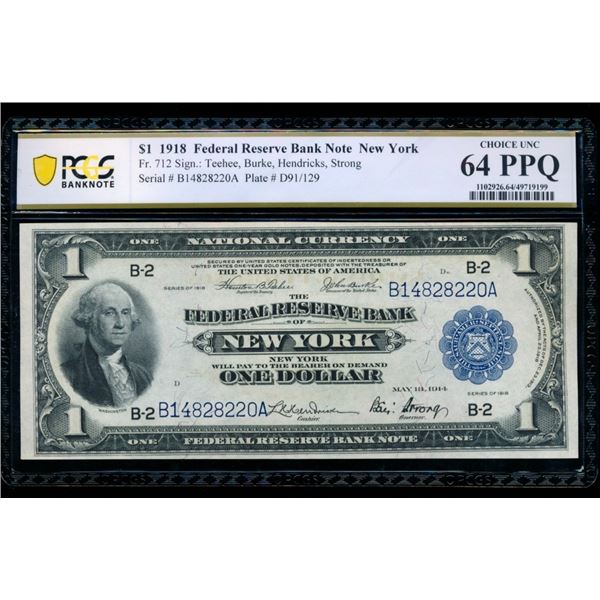 1918 $1 New York FRBN PCGS 64PPQ