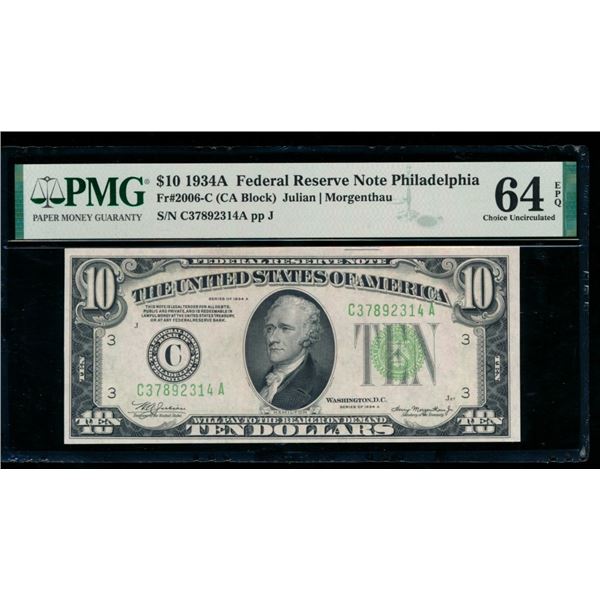 1934A $10 Philadelphia FRN PMG 64EPQ