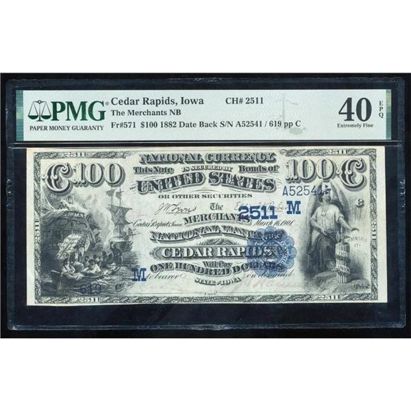 1882 $100 Cedar Rapis IA Date Back National PMG 40EPQ