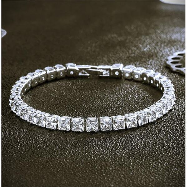 Sparkling 14 Kt White Gold Plated Simulated Diamond Tennis Bracelet