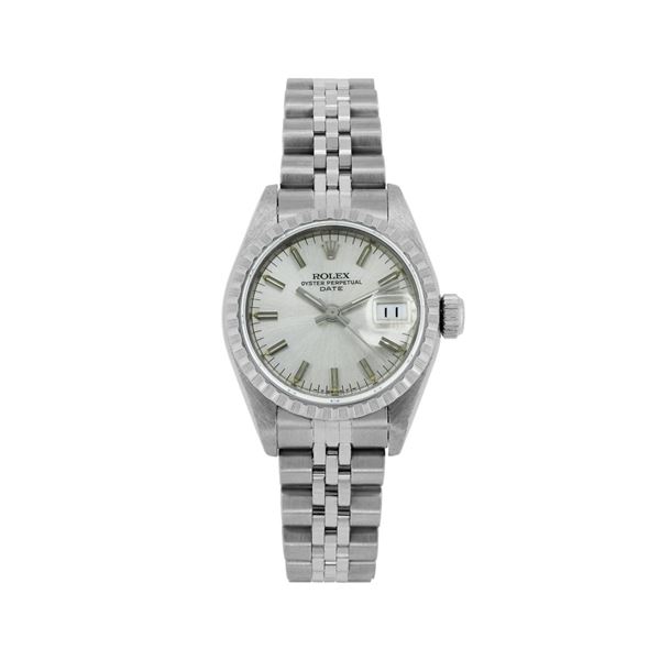 Rolex Ladies Stainless Steel Engine Turn Bezel Date Watch