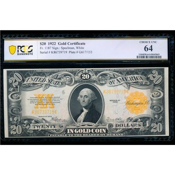 1922 $20 Gold Certificate PCGS 64