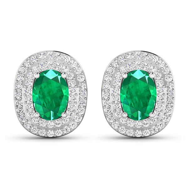 14KT White Gold 1.12ctw Zambian Emerald and Diamond Earrings