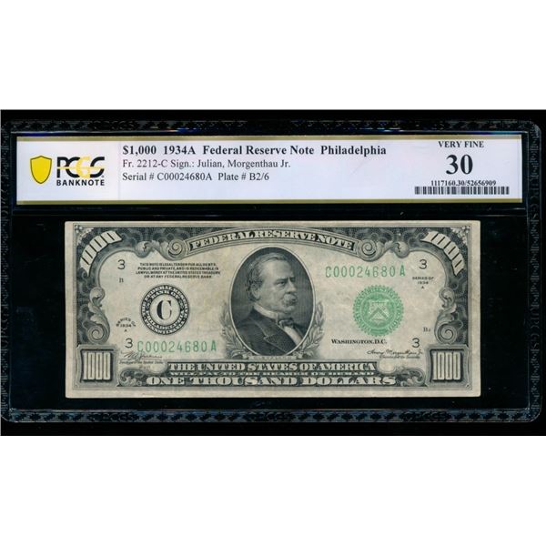1934A $1000 Philadelphia FRN PCGS 30