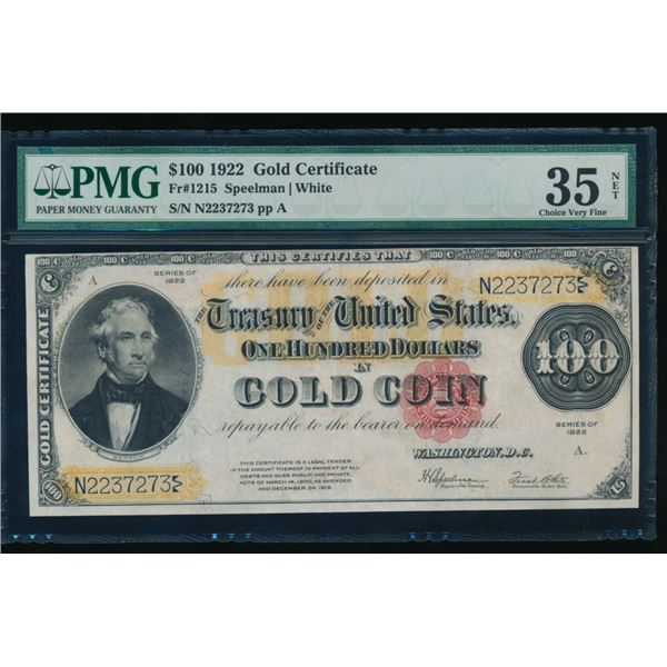 1922 $100 Gold Certificate PMG 35NET