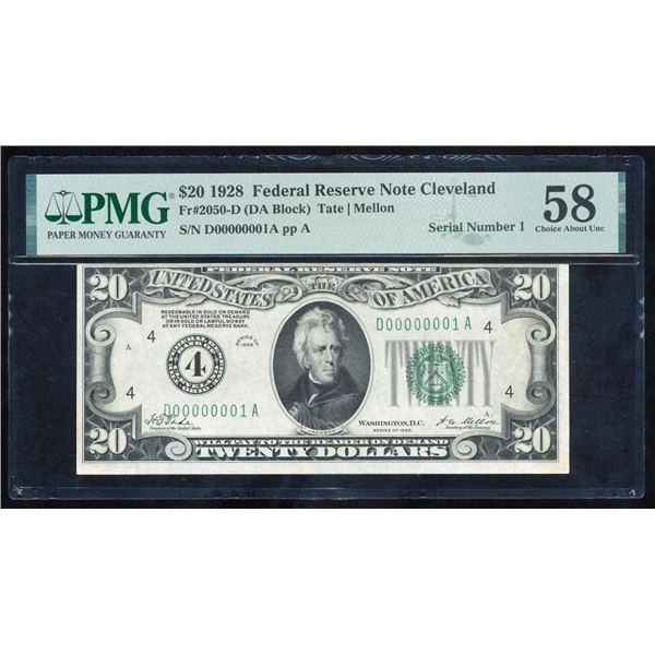 1928 $20 Serial 1 Cleveland FRN PMG 58
