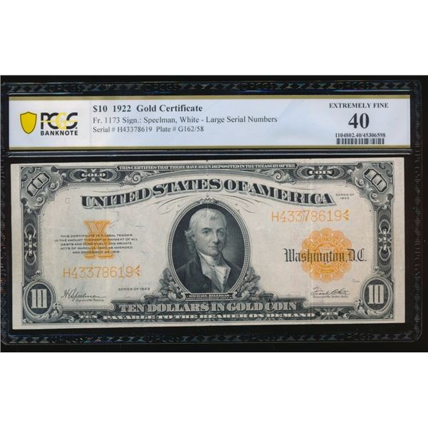 1922 $10 Gold Certificate PCGS 40