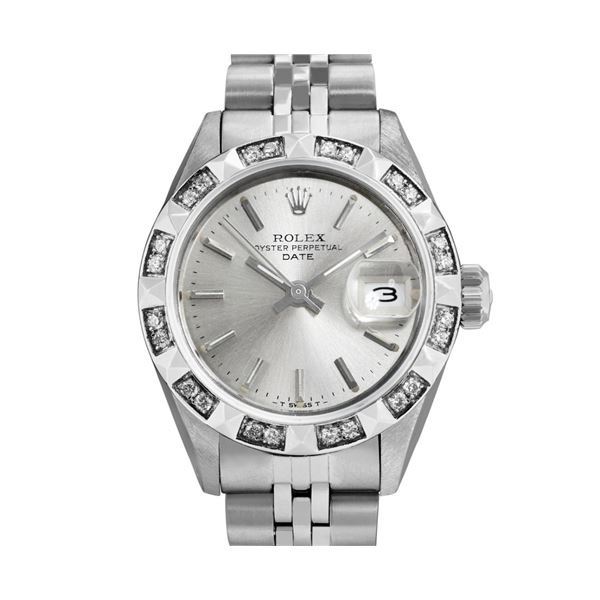 Rolex Ladies Stainless Steel Pyramid Diamond Bezel Date Watch