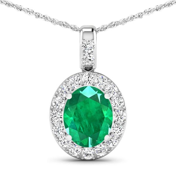 14KT White Gold 2.15ctw Zambian Emerald and Diamond Pendant