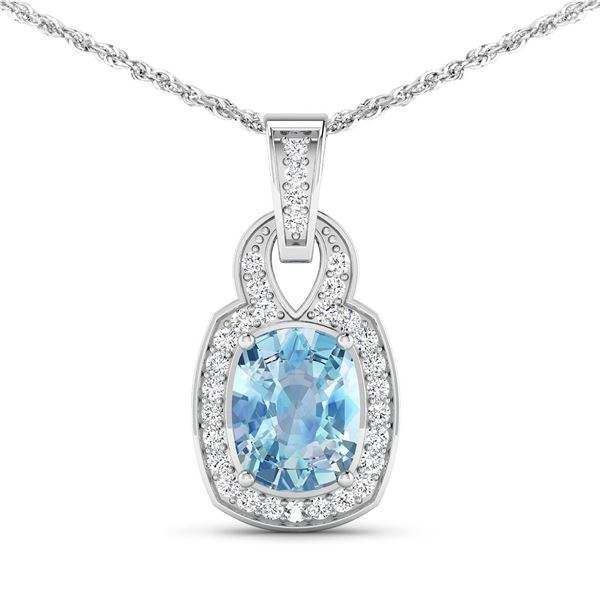 14KT White Gold 1.65ctw Aquamarine and Diamond Pendant