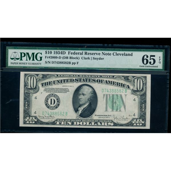 1934D $10 Cleveland FRN PMG 65EPQ