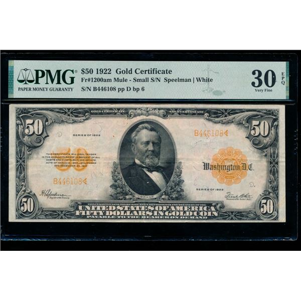 1922 $50 Mule Gold Certificate PMG 30EPQ