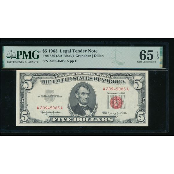 1963 $5 Legal Tender Note PMG 65EPQ
